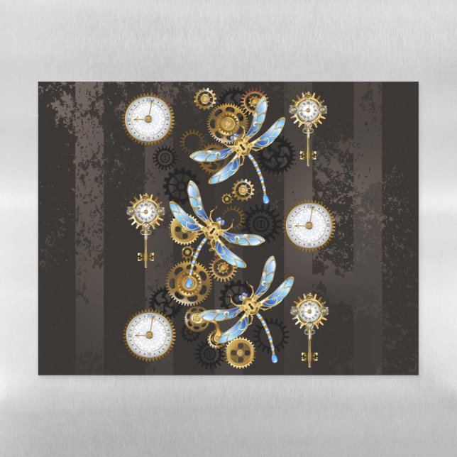 Steampunk Dragonflies on brown striped background Magnetic Dry Erase Sheet (Horizontal)