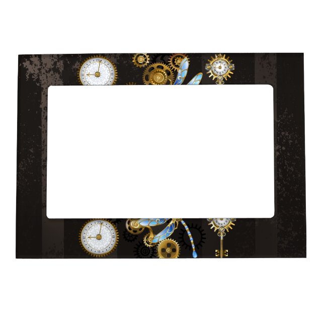Steampunk Dragonflies on brown striped background Magnetic Frame (Front)