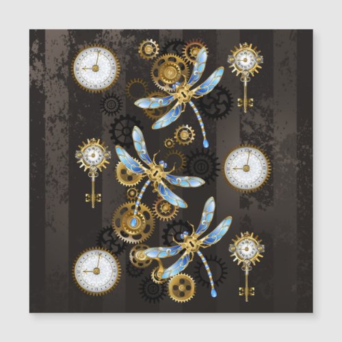 Steampunk Dragonflies on brown striped background Magnetic Invitation