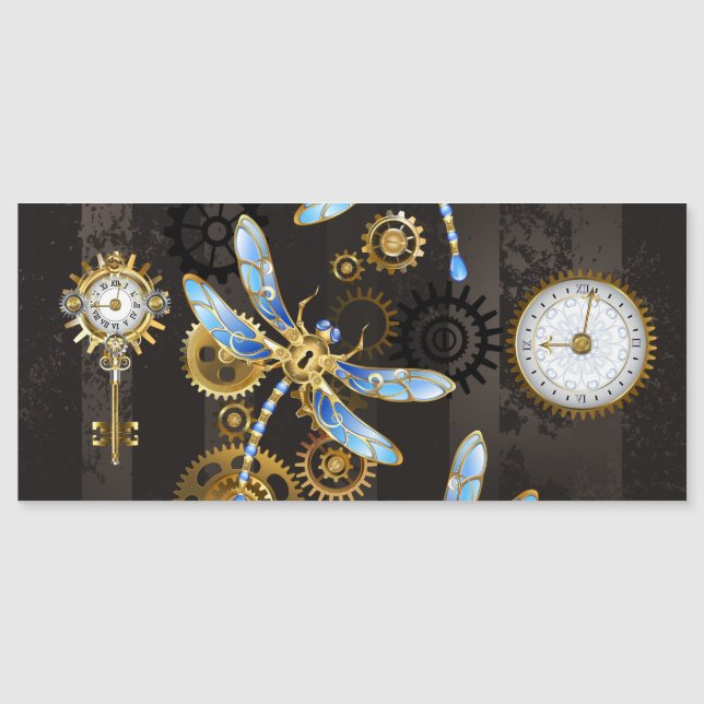 Steampunk Dragonflies on brown striped background Magnetic Invitation (Front)