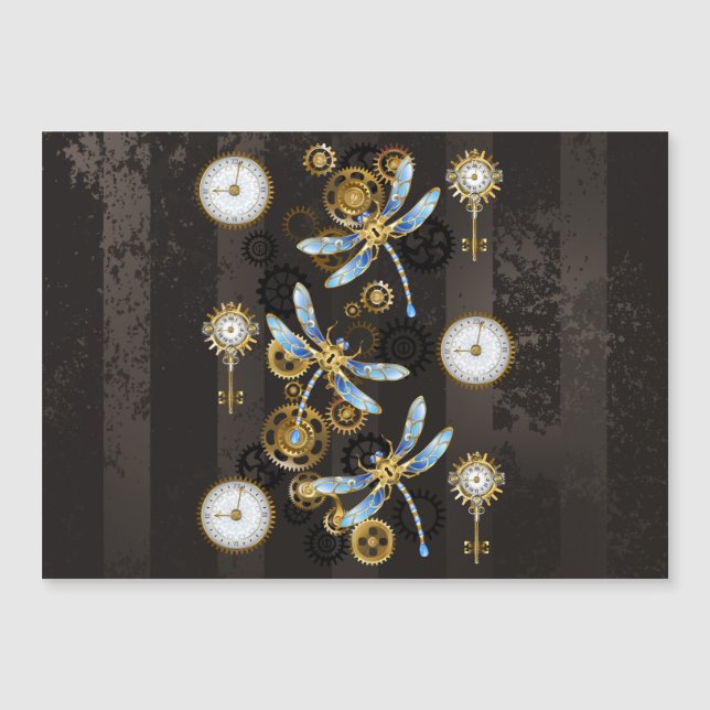 Steampunk Dragonflies on brown striped background Magnetic Invitation (Front)