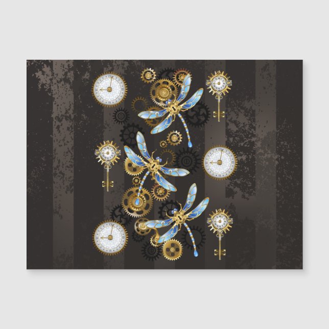 Steampunk Dragonflies on brown striped background Magnetic Invitation (Front)