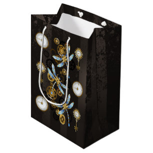 Steampunk Dragonflies on brown striped background Medium Gift Bag
