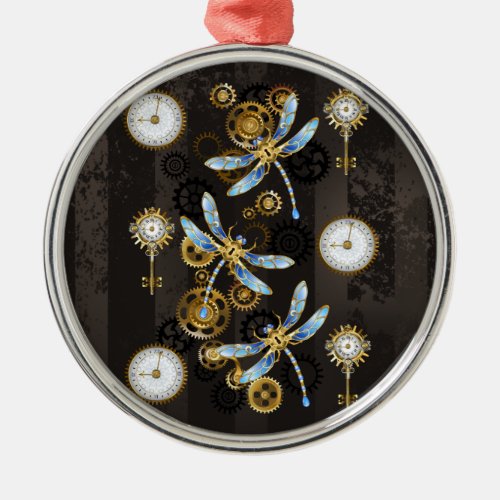 Steampunk Dragonflies on brown striped background Metal Ornament