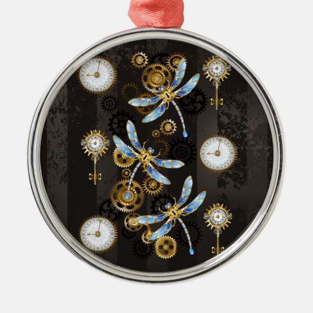 Steampunk Dragonflies on brown striped background Metal Ornament (Front)