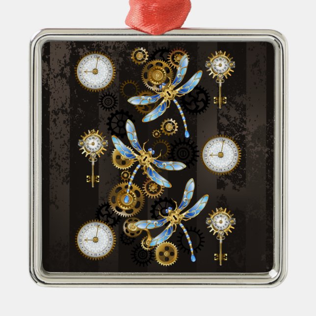 Steampunk Dragonflies on brown striped background Metal Ornament (Front)