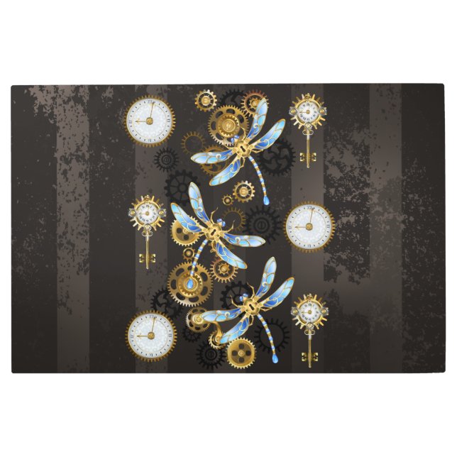 Steampunk Dragonflies on brown striped background Metal Print (Front)