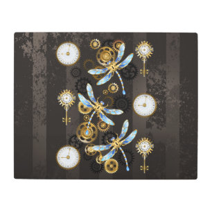 Steampunk Dragonflies on brown striped background Metal Print