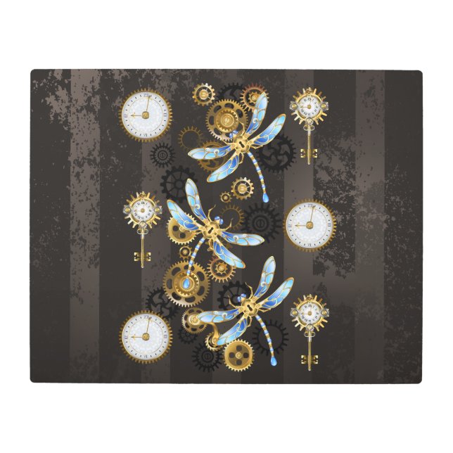 Steampunk Dragonflies on brown striped background Metal Print (Front)