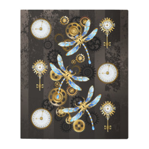 Steampunk Dragonflies on brown striped background Metal Print