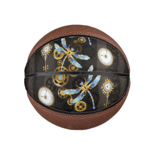 Steampunk Dragonflies on brown striped background Mini Basketball