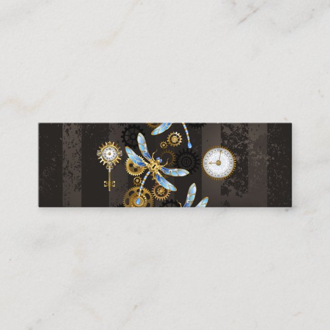 Steampunk Dragonflies on brown striped background Mini Business Card (Front)
