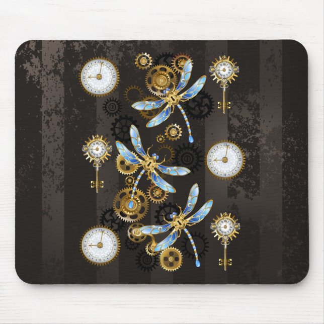 Steampunk Dragonflies on brown striped background Mouse Pad (Front)