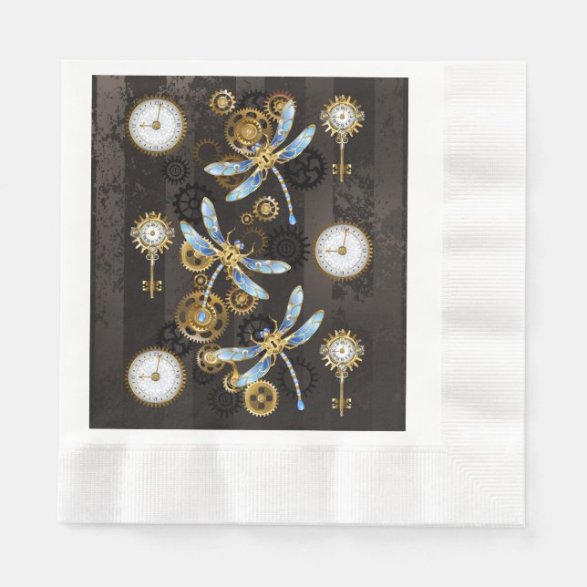 Steampunk Dragonflies on brown striped background Napkins (Front)