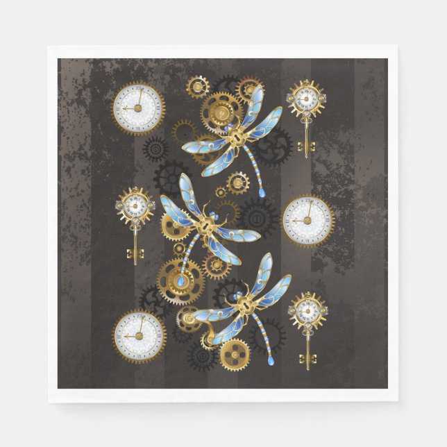 Steampunk Dragonflies on brown striped background Napkins (Front)
