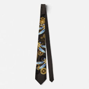 Steampunk Dragonflies on brown striped background Neck Tie