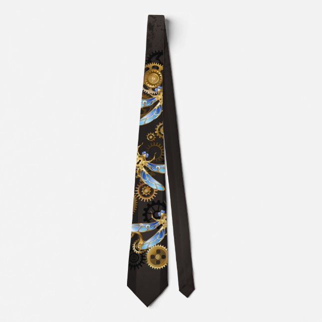 Steampunk Dragonflies on brown striped background Neck Tie (Front)