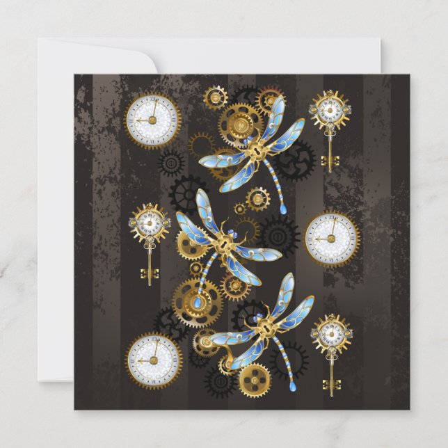 Steampunk Dragonflies on brown striped background Note Card (Front)
