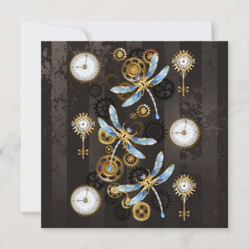 Steampunk Dragonflies on brown striped background Note Card