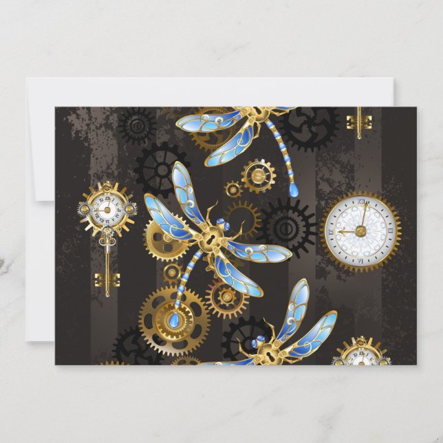 Steampunk Dragonflies on brown striped background Note Card (Front)