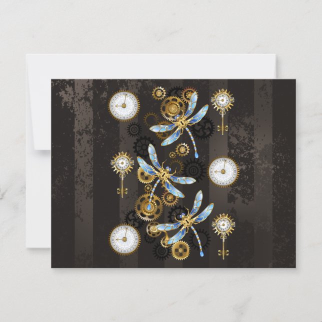 Steampunk Dragonflies on brown striped background Note Card (Front)