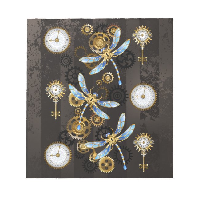 Steampunk Dragonflies on brown striped background Notepad (Front)