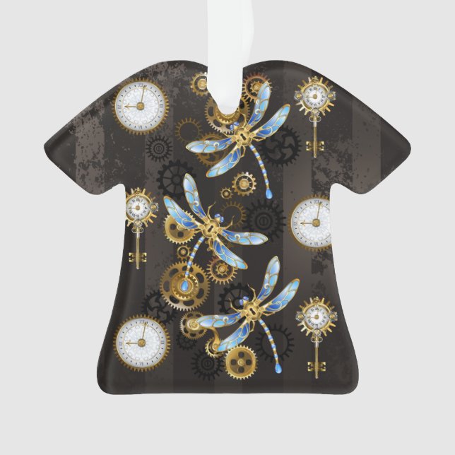 Steampunk Dragonflies on brown striped background Ornament (Front)