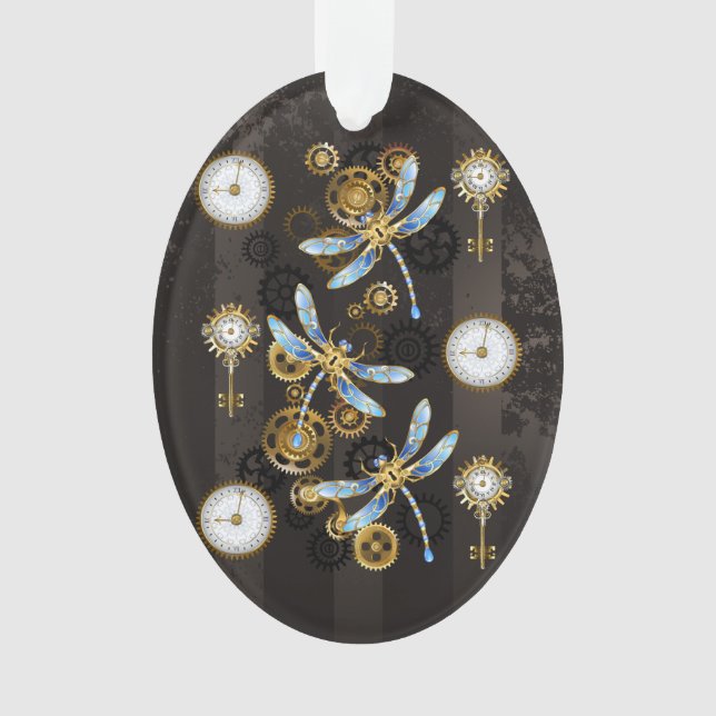Steampunk Dragonflies on brown striped background Ornament (Front)