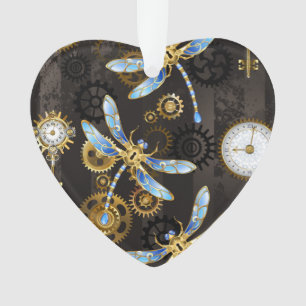 Steampunk Dragonflies on brown striped background Ornament
