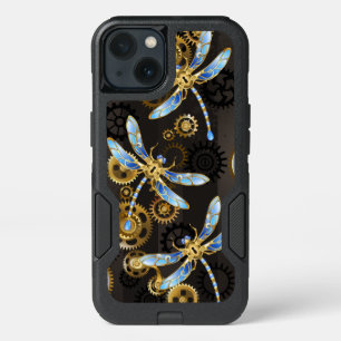 Steampunk Dragonflies on brown striped background iPhone 13 Case