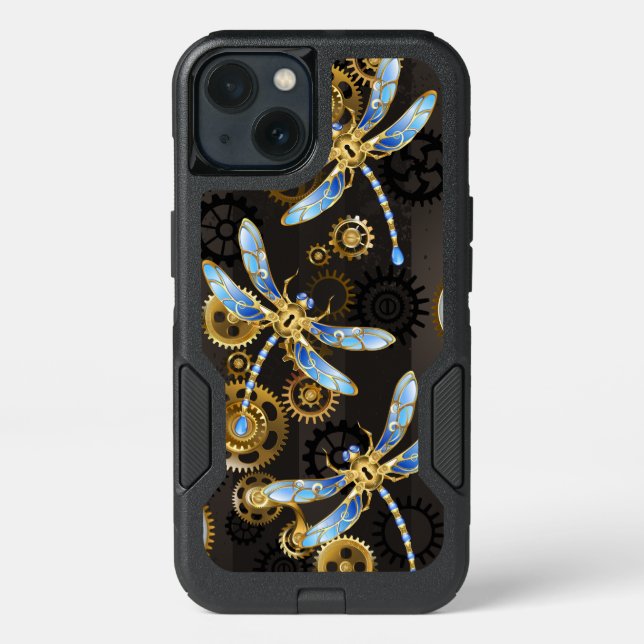 Steampunk Dragonflies on brown striped background Otterbox iPhone Case (Back)