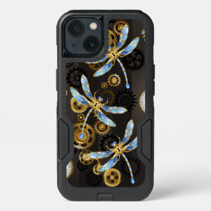 Steampunk Dragonflies on brown striped background iPhone 13 Case