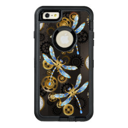Steampunk Dragonflies on brown striped background OtterBox Defender iPhone Case