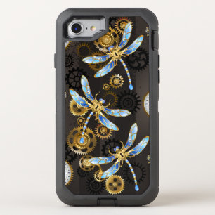 Steampunk Dragonflies on brown striped background OtterBox Defender iPhone SE/8/7 Case