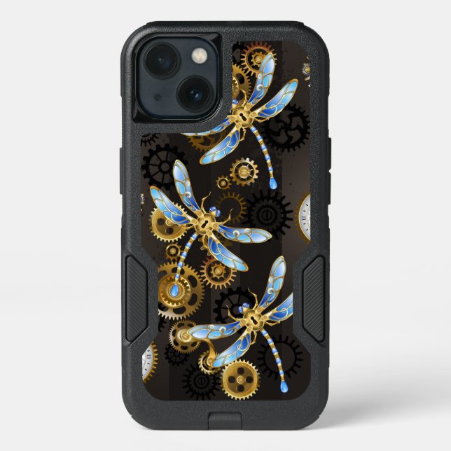 Steampunk Dragonflies on brown striped background Otterbox iPhone Case (Back)