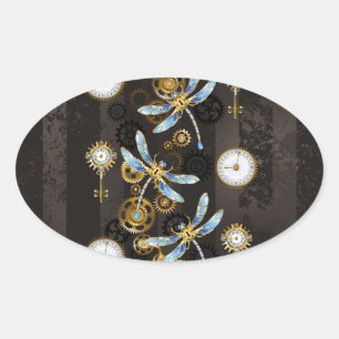 Steampunk Dragonflies on brown striped background Oval Sticker
