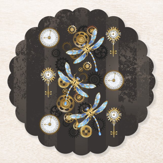 Steampunk Dragonflies on brown striped background Paper Coaster (Front)