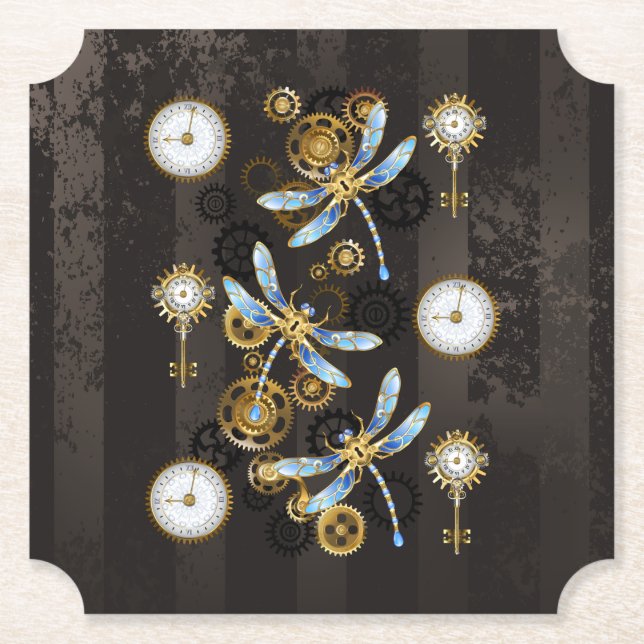 Steampunk Dragonflies on brown striped background Paper Coaster (Front)