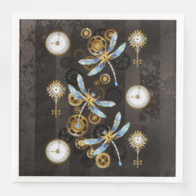 Steampunk Dragonflies on brown striped background Paper Dinner Napkins (Front)