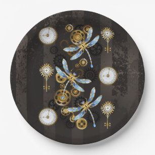 Steampunk Dragonflies on brown striped background Paper Plates