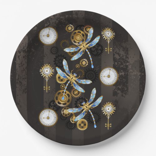 Steampunk Dragonflies on brown striped background Paper Plates