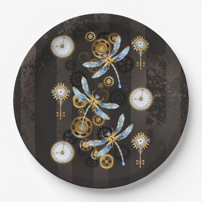 Steampunk Dragonflies on brown striped background Paper Plates (Front)