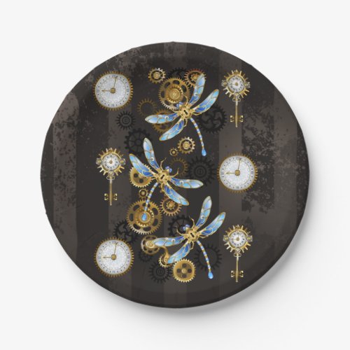 Steampunk Dragonflies on brown striped background Paper Plates