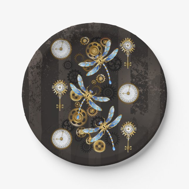 Steampunk Dragonflies on brown striped background Paper Plates (Front)