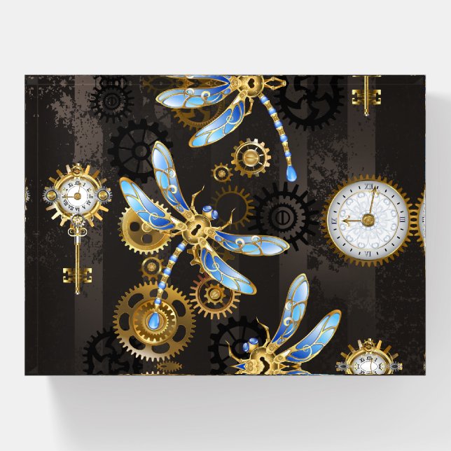 Steampunk Dragonflies on brown striped background Paperweight (Front)