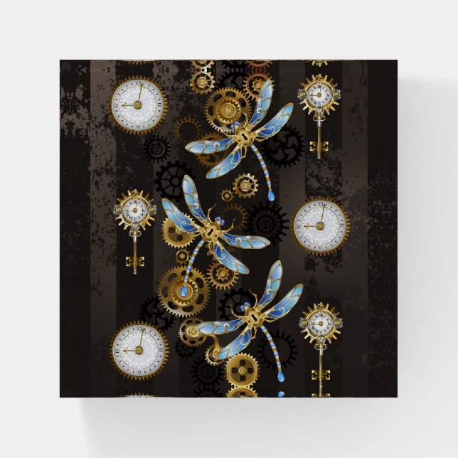 Steampunk Dragonflies on brown striped background Paperweight (Front)
