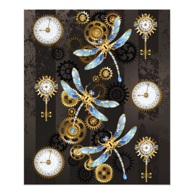 Steampunk Dragonflies on brown striped background Photo Print (Front)