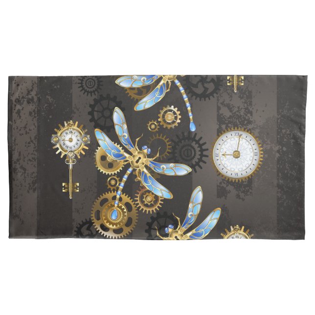 Steampunk Dragonflies on brown striped background Pillow Case (Front-Left)