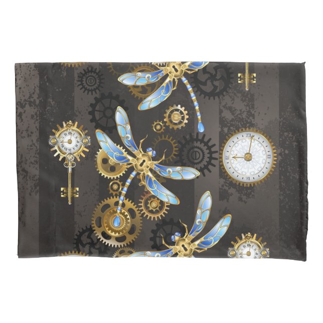 Steampunk Dragonflies on brown striped background Pillow Case (Front)