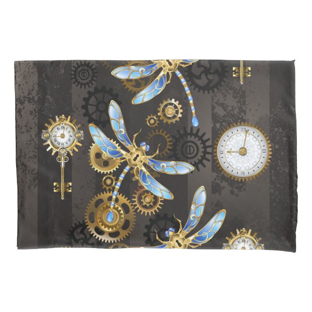 Steampunk Dragonflies on brown striped background Pillow Case (Front-Left)